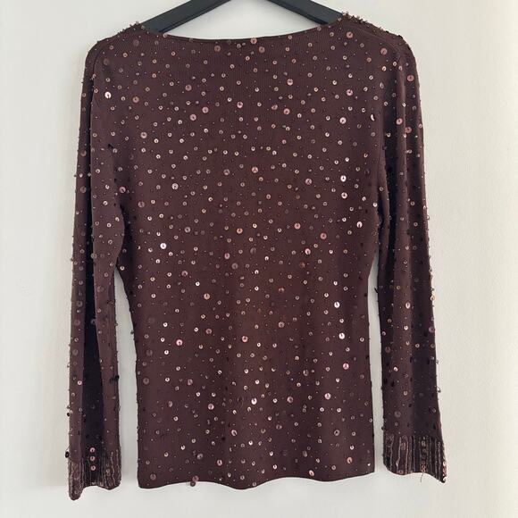 Pierri New York Brown V Neck Knit Top Beaded Sequin Embellishment Size Medium - Picture 11 of 16